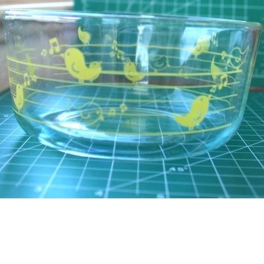 Vintage Pyrex Clear Glass Mixing Bowl Yellow Singing Birds Music Notes‎ 6 Inch